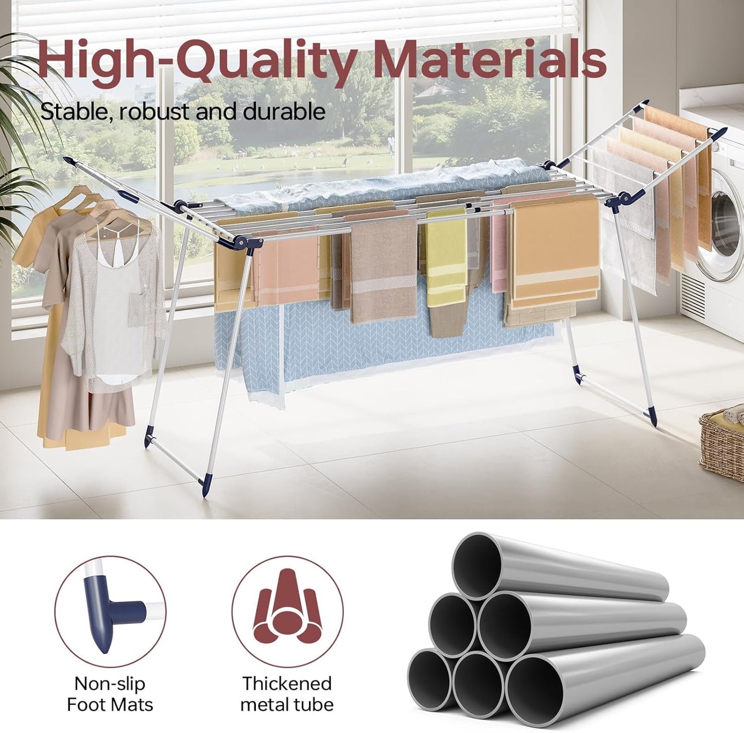 APEXCHASER Clothes Drying Rack Foldable, Large Drying Rack for Clothing Retractable, Winged Laundry Rack Folding Indoor Outdoor, Metal Clothes Airer for Bedding Towel Sweater Heavy Duty, White