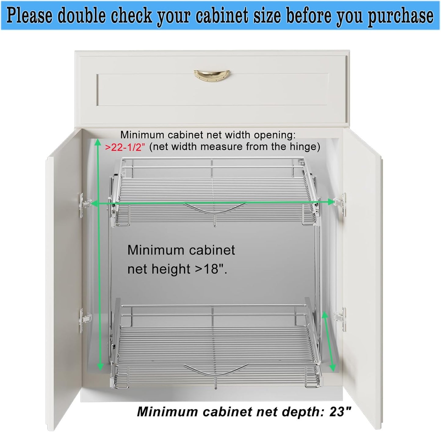 DINDON Pull Out Cabinet Organizer (22-1/2" W x 21-1/2"D), Cabinet Pull Out Shelves, 2 Tier Pull Out Drawers for Kitchen Cabinets, Wire Basket Slide Out Shelf, Pot and Pan Organizer