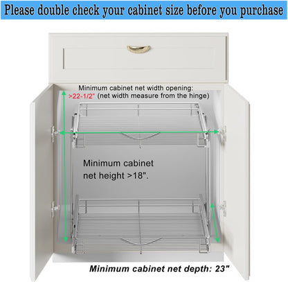 DINDON Pull Out Cabinet Organizer (22-1/2" W x 21-1/2"D), Cabinet Pull Out Shelves, 2 Tier Pull Out Drawers for Kitchen Cabinets, Wire Basket Slide Out Shelf, Pot and Pan Organizer