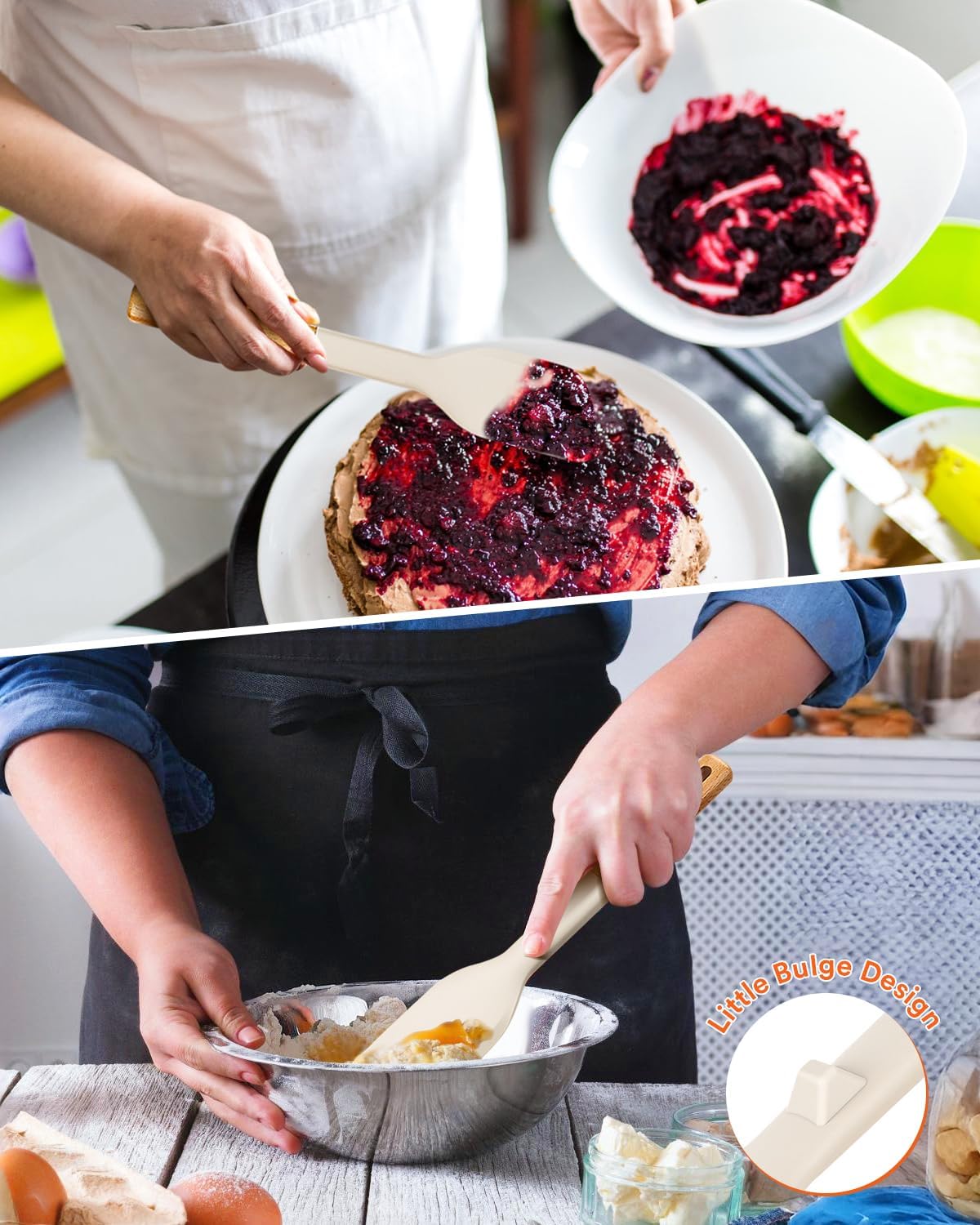 Cooking Spoon and Scraper for Nonstick Cookwares, Great for Cooking and Serving Durable BPA-Free Matte Silicone, Wood Handle Multifunction Spoon for Mixing, Scoop, and Scrape (KHAKI)