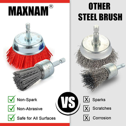 MAXMAN Nylon Drill Brush Set for Rust Removal - 9 Pack Abrasive Wheel & Cup Brush Attachments, 1/4" Hex Shank, Remove Paint & Corrosion from Metal, Wood - Heavy Duty Tools for Drills & Impact Drivers