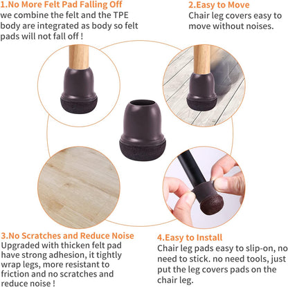 24 PCS Extra Small Silicone Chair Leg Floor Protectors with Felt, Chair Leg Caps, Felt Furniture Pads, Floor Protectors for Chair, Table Chair Leg Covers Cups, No Scratches (Fit 0.5"-0.8", Dark Brown)