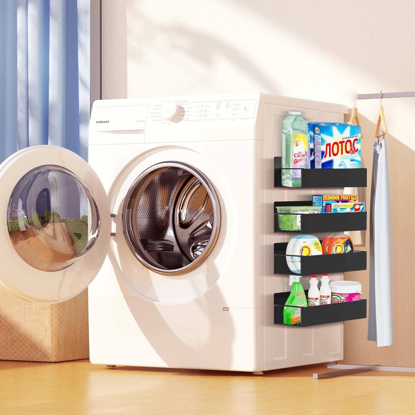 Magnetic Spice Rack Organizer for Fridge Seasoning Organizer for Kitchen storage with Screw or Adhesive Hanging,Magnetic Shelf with Hook for Refrigerator and Oven (Black, 5pack)