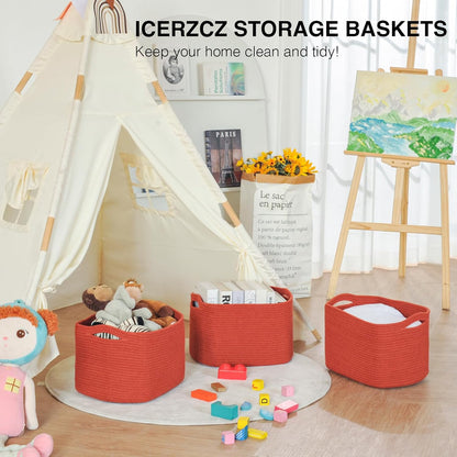 Storage Baskets for Organizing, Storage Basket for Shelves, Toy Towel Basket for Bathroom Nursery, Woven Cotton Rope Baskets for Decor, 15"x11"x9.5", 3 Packs, Brick Red