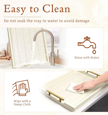 Coffee Table Tray - Large Ottoman Tray for Living Room - Wood Serving Trays with Handles(2 Sets) - Wooden Trays for Coffee Table, 4 Round Coasters Included, Off-White