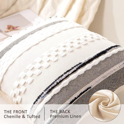 Boho Throw Pillow Covers 18x18 Set of 2 Farmhouse Decorative Cushion Case Striped Square Pillows Cover Chenille Pillow Cases Accent Neutral Pillowcase for Sofa Couch Bed,White