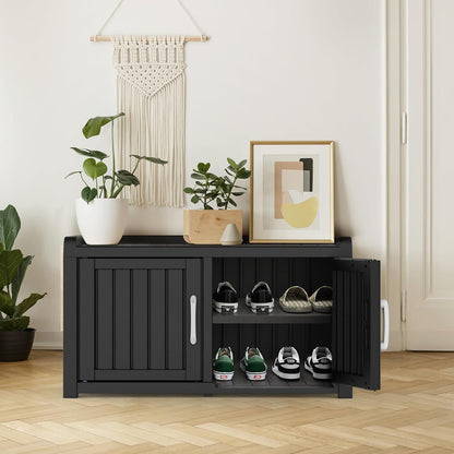 ROJIK Shoe Cabinet Waterproof UV-Resistant,Storage Bench Indoor Outdoor with Adjustable Shelves,for Entryway Bedroom,Hallway,Living Room(Double Door,Black)