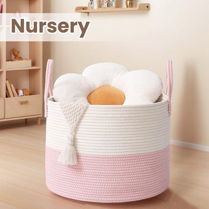 Woven Blanket Basket,65L Large Rope Storage Bin with Handles, Organizer for Blankets Toys Book and Clothes, Laundry Basket for Living Room Bedroom Nursery,White&Pink