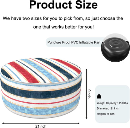 Inflatable Ottoman Stool D21 xH9 for Outdoor/Indoor Use, Water Repellent Patio Foot Rest Stool with Portable Handle,Round Pouf Ottoman Suitable for Garden,Deck and Camping - Stripe Red Blue