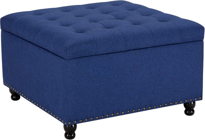 Tbfit Large Square Storage Ottoman Bench, Botton Tufted Upholstered Coffee Table Ottoman with Solid Wood Legs, Oversized Storage Ottomans Toy Box for Living Room (Blue)