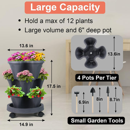DUNCHATY Stackable Planter, Vertical Garden Planter with Wheels and Tools, Self Watering Strawberry Planter Indoor/Outdoor 3 Tier Herb Planter Pots for Growing Vegetables and Succulents, Dark Gray