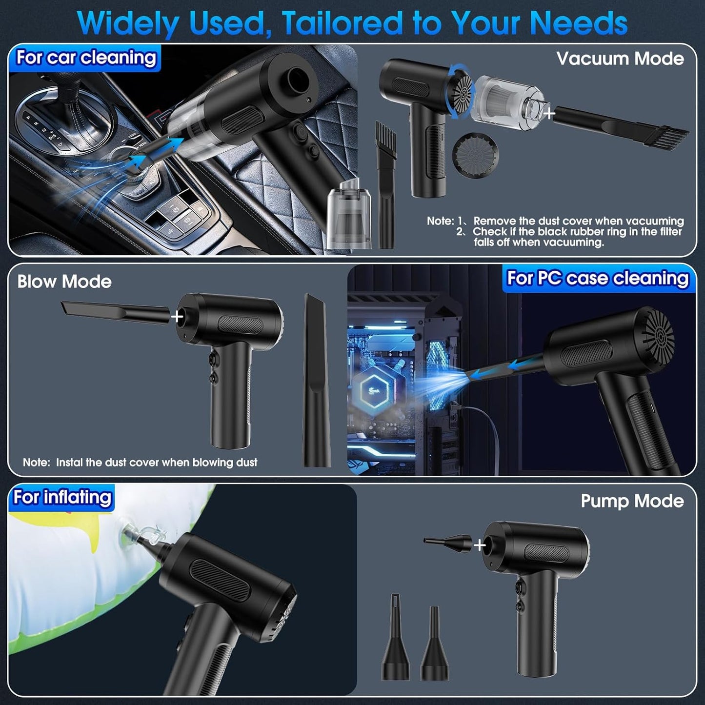 Compressed Air Duster, 100000RPM Handheld Car Vacuum/Air Blower& Pump, 3 Gear Adjustable Electric Air Duster/Car Vacuum Cleaner, Keyboard Duster with LED Light-10 Kits Air Blower for Computer(Black)