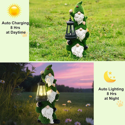 Solar Garden Three Gnome Statue Stacked Flocked with LED Light, Outdoor Waterproof Lawn Ornament Decor for Patio Lawn Yard Pathway Gift Idea for Women Mom Mothers Day