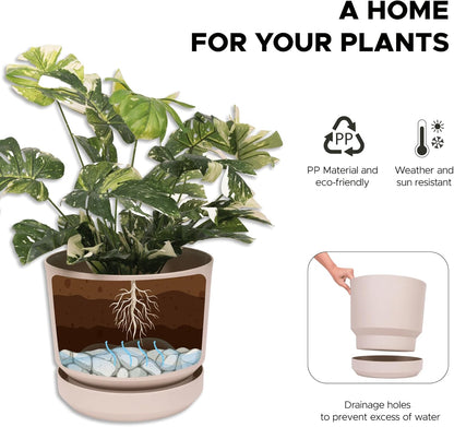 Elly Décor 12 inch Plastic Cylinder Planter Pot with Self-Watering Saucer and Drainage Hole,Lightweight & Extremely Durable, 12"x 12", Ivory