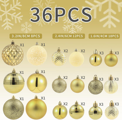 LANGXUN 36pcs Gold Christmas Tree Decorations Balls, Bolas De Navidad, 2025 Christmas Decor, Indoor Outdoor Shatterproof Christmas Ornaments, Xmars Party Wedding Suppiles