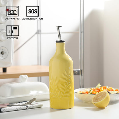 Sweejar Ceramic Olive Oil Dispenser Bottle, 20 Oz Relief Opaque Oil Cruet Protects To Reduce Oxidation, Suitable for Storage Soy Sauce, Coffee Syrup, Liquids, Set of 1 (Gradient Yellow)