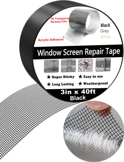 Wohohoho Window Screen Repair Tape, 3 in X 40 FT (480IN) Black Screen Patch Repair Kit, 3-Layer Strong Adhesive Invisible Screen Tape Mesh Repair for Windows, Doors Garage Mosquito Net Magnetic Screen