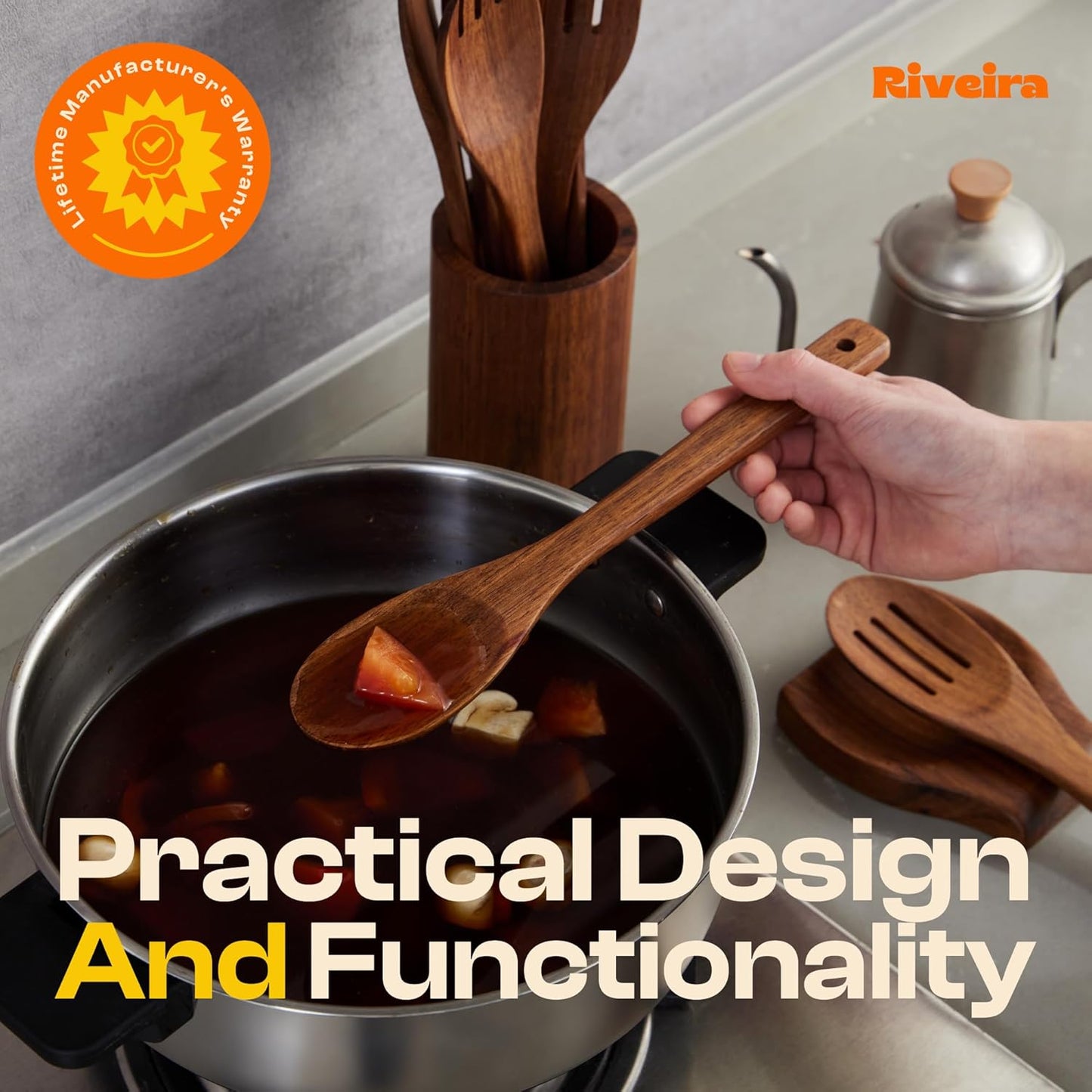 Riveira Teak Wooden Spoons for Cooking Set of 3 – Natural Teak Wooden Cooking Utensils, Wooden Spatula, Wooden Spoon - Premium Quality Wooden Utensil Set for Non-Toxic Cooking