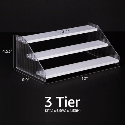 nianfeng Tiered Spice Rack, 3-Tier Spice Pantry Kitchen Cabinet Organizer, 12-Inch, Natural Wood Acrylic Stair Riser Stand, Countertop Seasoning Shelf (White)