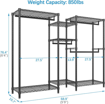 VIPEK Classic V6 Wire Garment Rack Heavy Duty Clothes Racks with Shelves, Freestanding Portable Wardrobe Closet Rack for Hanging Clothes Closet System 68.9" L x 15.7" W x 76.4" H, Load 850LBS, Black