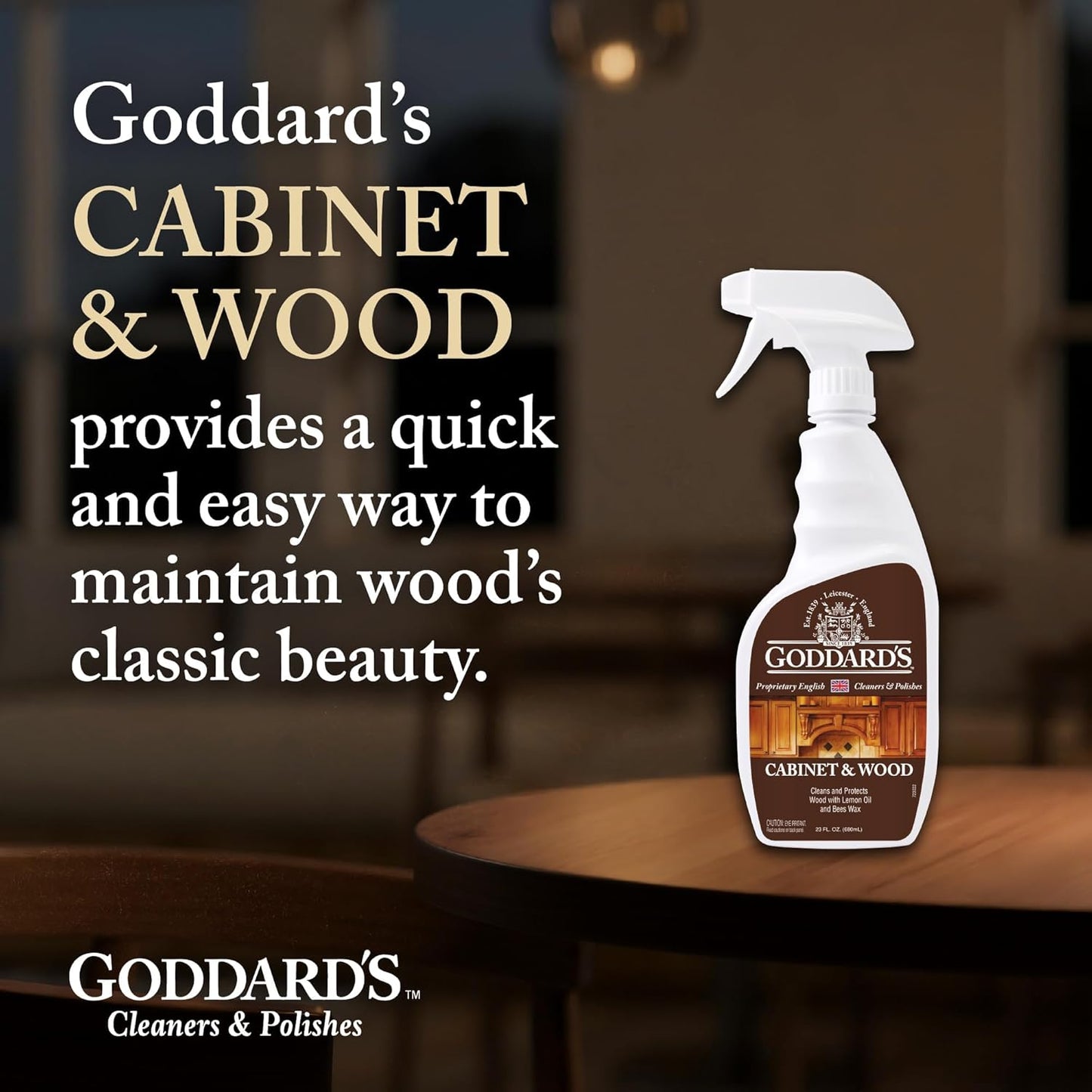 Goddard's Cabinet & Wood Wax Spray, Wood Cleaner & Furniture Polish, Wood Conditioner with Beeswax and Lemon Oil, Shine & Stain Protection, 23 oz