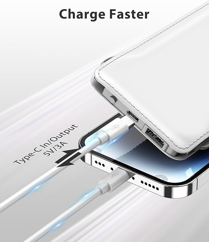 TG90° 10000mAh Power Bank Built-in Cables, Pocket Size USB C Portable Charger, 3A Fast Charging External Battery Pack, Travel Essential Phone Powerbank Compatible with iPhone Samsung iPad White