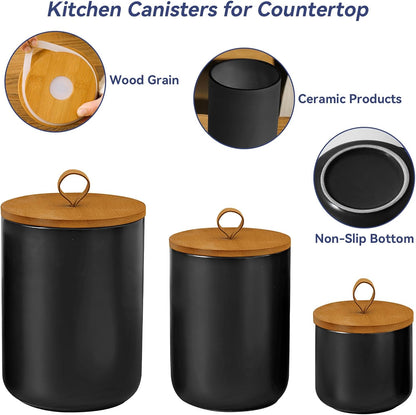 Ceramic Storage Jars, Modern Elegant Highly Polished Airtight Gorgeous Storage Canisters with Wooden Lid Small Food Stroage Jar for Kitchen Spice Tea Vanilla Sugar Coffee Beans (Black tuba)