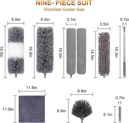 Microfiber Duster for Cleaning Fan, High Ceiling, Blinds, Furniture, Cars , 9PCS Extendable Feather Duster (Stainless Steel) 30 to 100 Inches, Reusable Bendable Washable