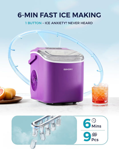 EUHOMY Countertop Ice Maker Machine with Handle, 26lbs Per Day, 9 Ice Cubes Ready in 6 Mins, Auto-Cleaning Portable Ice Maker with Basket and Scoop, for Home/Kitchen/Camping/RV (Purple)