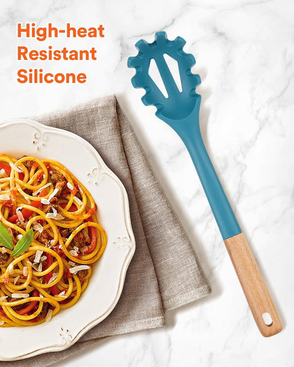Silicone Pasta Fork, Kitchen Heat Resistant Noodle Spoon Server, BPA Free Spaghetti Strainer,12.8 inch (BLUE)