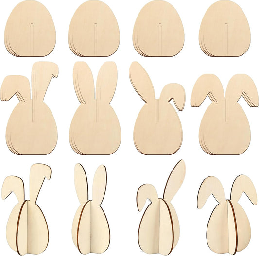 COCHIE DIY 3D Easter Eggs Wood Crafts to Paint for Kids Adults, Paintable Unfinished Wooden Slices for Craft, Bunny Ears Cutouts Ornaments for Painting Decorations (24 PCS)
