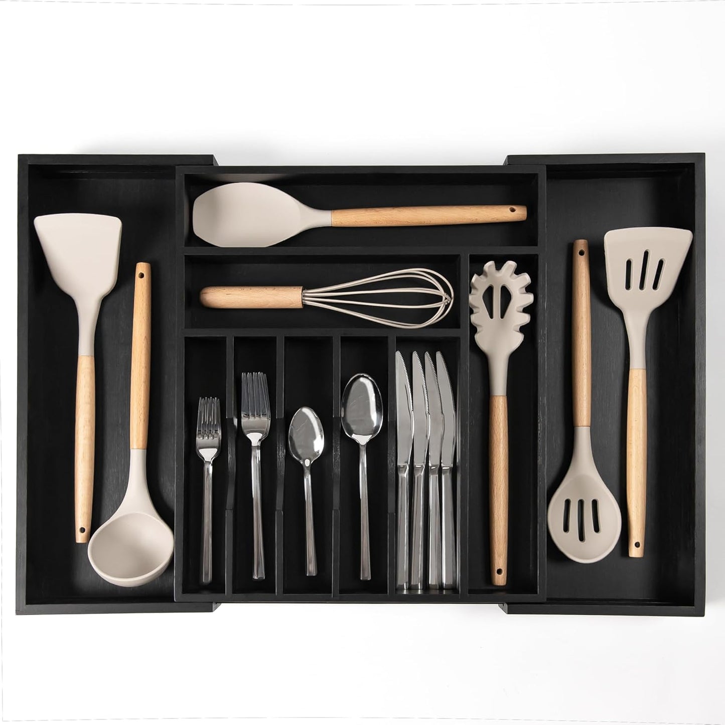 Premium Silverware, Flatware and Utensil Organizer for Kitchen Drawers, Food-Safe Contract Grade, Expandable from 14.5 to 25 In, Black Bamboo