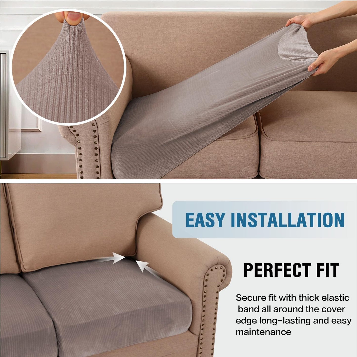 H.VERSAILTEX Velvet Stretch Couch Cushion Cover Plush Cushion Slipcover for Chair Loveseat Sofa Cushion Furniture Protector Seat Cushion Sofa Cover (2 Piece Large Sofa Cushion Covers, Taupe Striped)