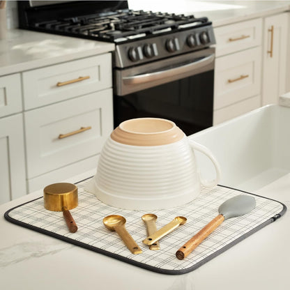 S&T INC. Dish Drying Mat, 16” x 18”, Absorbent Microfiber Kitchen Counter Mat, Dish Drying Pad for Dishes, Utensils, Pots and Pans, Large, Stitched Plaid