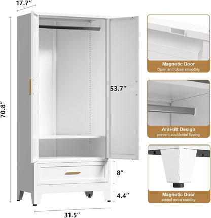 71'' Farmhouse Metal Wardrobe Cabinet with Hanging Rod, 2 Barn Door Wardrobe Closet with Adjustable Shelves,Drawer,for Dining Room,Bedroom,Living Room, Cloak Room,Office (White)