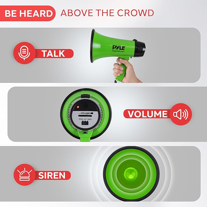 Pyle Portable Megaphone Speaker Siren Bullhorn - Compact and Battery Operated with 20 Watt Power, Microphone, 2 Modes, PA Sound and Foldable Handle for Cheerleading and Police Use - Pyle PMP22GR,Green
