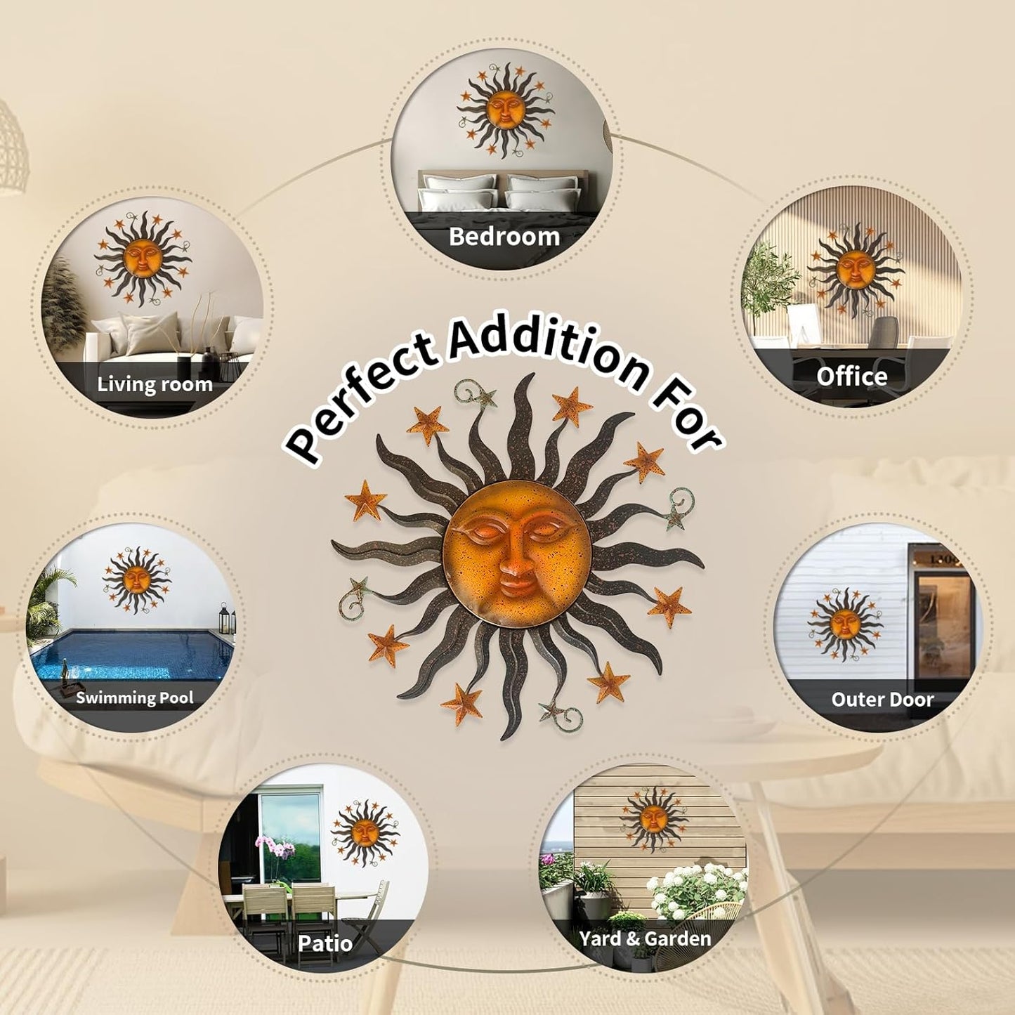 LIFFY 24" Sun Face Metal Wall Art for Outdoor Decor - Solar Themed Hanging Sculpture, Weather-Resistant Garden Patio Wall Décor, Farmhouse Home Accent Gift (Antique Bronze Finish)