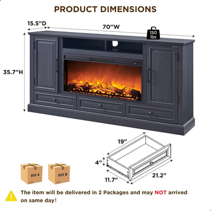 Fireplace TV Stand for 80 Inch TV, 35.7" Tall Farmhouse Entertainment Center W/36'' Electric Fireplace, Media Console with Large Storage Cabinets and Drawers for Living Room, Black