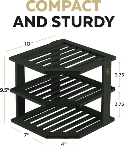 Cabinet Organizer Shelf - Bamboo Corner Rack for Kitchen Counter, Cabinet Space Saver for Plates, Dishes, Bowls, Bread Pantry, Bathroom Storage or Countertop Stand, Black