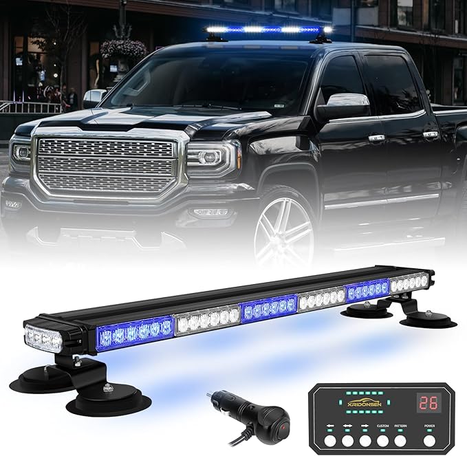 XRIDONSEN 28.4" 80 LED Roof Top Blue White Emergency Light Bar Magnetic Firefighter Police Lights Strobe Warning Flashing Safety Beacon Double Side First Responder Lights for Vehicles Fire POV Trucks