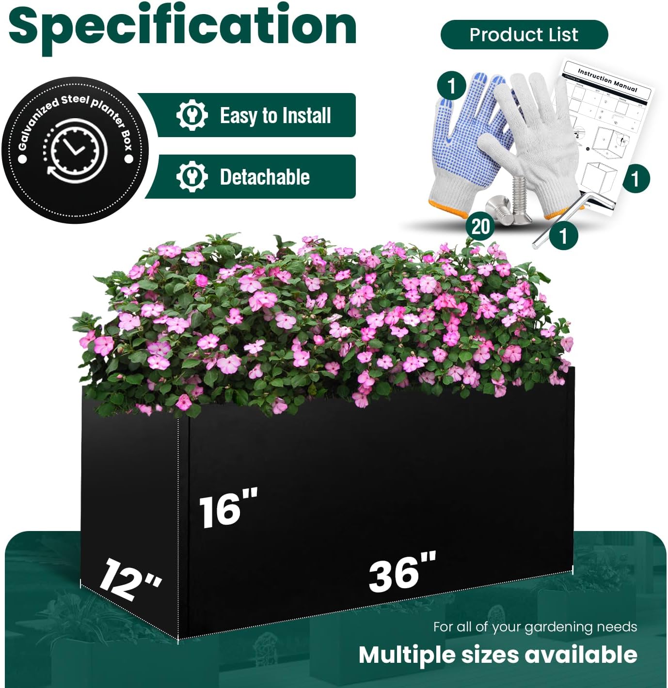 Black Planter Box Galvanized Steel Metal Planter Rectangular Indoor Large Outdoor Planters Steel Metallic Heavy Flower Pot 36In x 12In x 16In Commercial Residential for Patio, Deck, Backyard, Garden