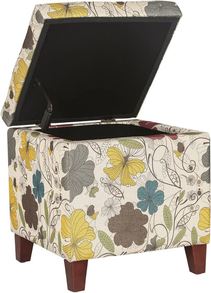 Adeco 18 Inch High Cube Ottoman Storage, Floral Printed Linen Chair Foot Stools, Upholstered Vanity Stool with Hinged Lid, Solid Wood Legs