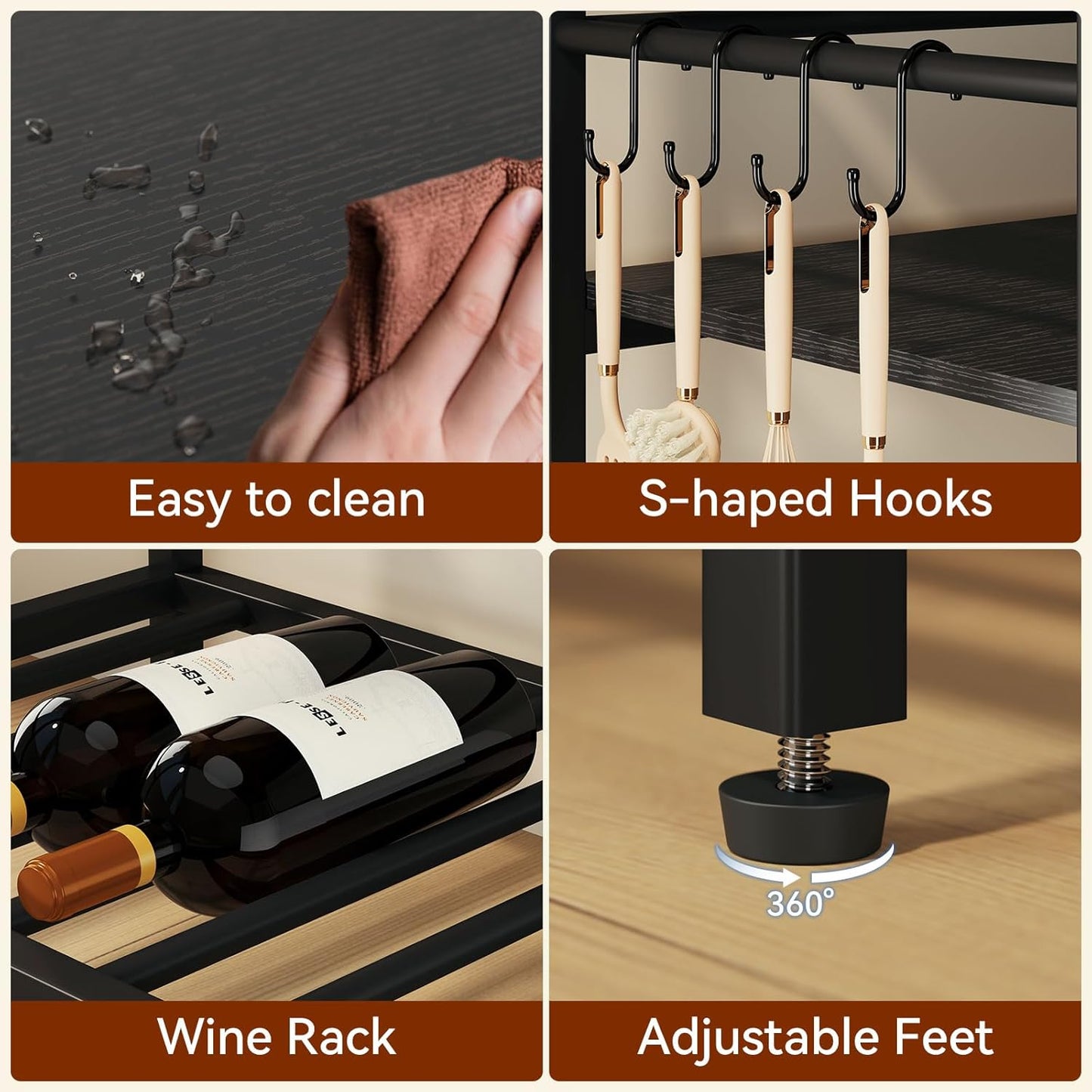 IBUYKE Kitchen Island with Storage, Bakers Rack with Power Outlet,Microwave Stand with Large Worktop,Rolling Bar Cart for Home, Outdoor, Kitchen,Black TMJ029B