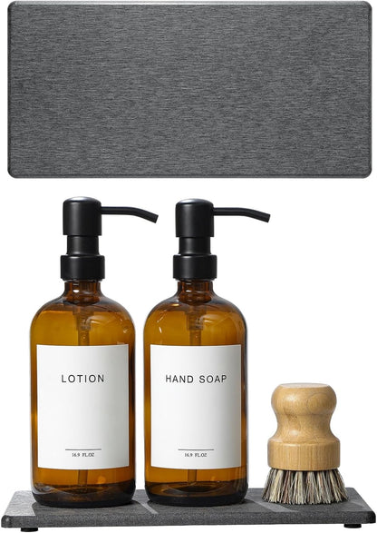 2PCS 10"x 5" Large Bathroom Sink Vanity Trays, Water Absorbing Diatomite Stone Quick Drying Mat for Kitchen Counter, Dish Rack Dispensers Sponge Holder Caddy Organizer, Dark Gray,