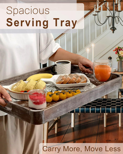 22 Inch Rustic Wood Serving Tray with Handles, Large Rectangular Wooden Ottoman Tray, Beautiful Home Décor for Living Room Coffee Table Couch, Ideal for Serving Food Breakfast BBQ Parties