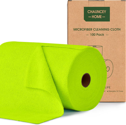 Roll of Microfiber Cleaning Cloth –100 Pack, Tear Away Microfiber Towels, Reusable, Washable, Scratch-Free, Cleaning Supplies,Kitchen Towels for Car, Home, Kitchen, Dishes(Neon Green)