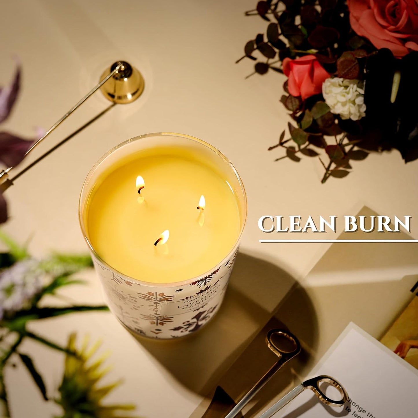 HomeLights Large jar Candle | 3-Wick Long-Lasting Scented Candles, 34oz Natural Soy Wax Candle for Home Scented, Bohemian Natural Textures Gifts for Women & Men, Lavender Vanilla