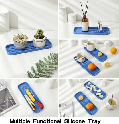 Silicone Kitchen Sink Organizer Tray for Multiple Usage,Eco-Friendly Sponges Holder for Kitchen Bathroom Counter or Sink,Dish Soap Dispenser,Scrubber,Bottle,Cup (Lichen Blue, 12"×4")