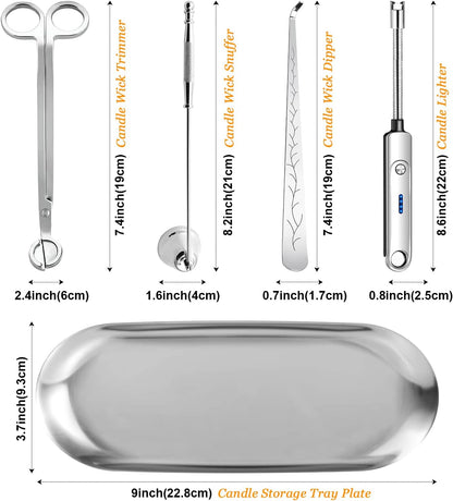 Lsnisni 5Pcs Candle Accessory Set With Rechargeable Electric Lighter, Storage Tray, Wick Trimmer, Snuffer, Dipper - Stainless Steel Care Kit With Gift Package for Candle Lovers - Silver