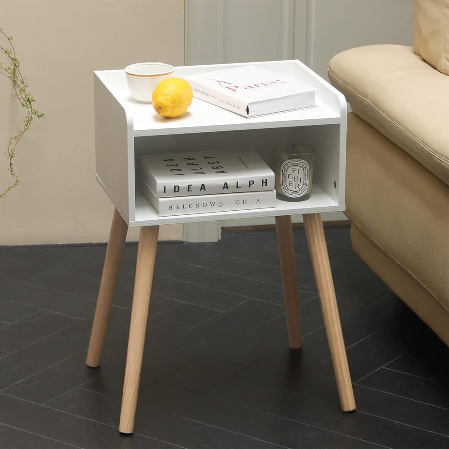 MaxSmeo White Nightstand, Small Bed Side Table for Small Spaces,Mid Century Modern Nightstand End Table with Storage and Solid Wood Legs for Bedroom Living Room(White)